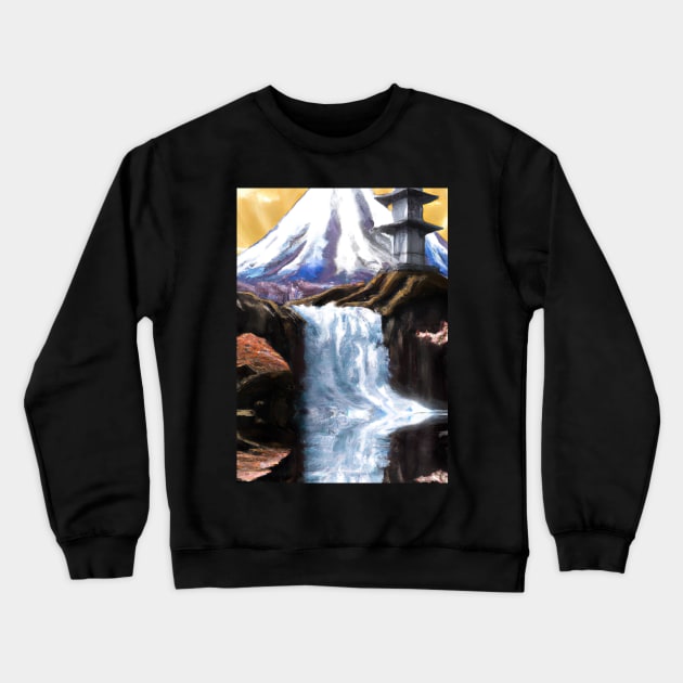 Japan Tower Waterfall Painting Crewneck Sweatshirt by maxcode